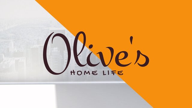 Olive's home life text in brown over cityscape and orange background - Powered by Adobe