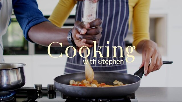 Cooking with stephen text over diverse couple seasoning cooking in kitchen