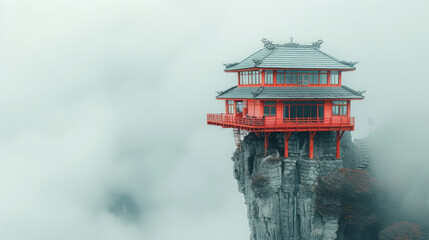 Traditional red pagoda perched on a misty cliff with a serene, ethereal backdrop.