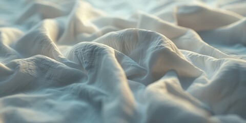 Abstract White pillowy fabric, weave of cotton or linen satin fabric lies texture background.
