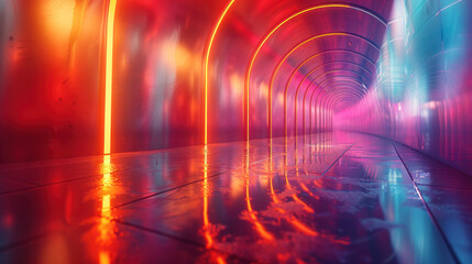 Futuristic neon-lit tunnel with vibrant red and blue lights reflecting on glossy floor, conveying a...
