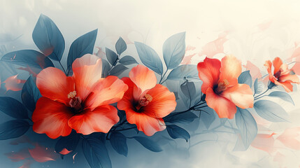 Elegant floral design with vibrant red flowers and blue leaves on a soft, pastel background. - obrazy, fototapety, plakaty