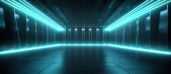 A futuristic corridor with glowing blue neon lights leading into the darkness, creating a sense of depth and mystery.