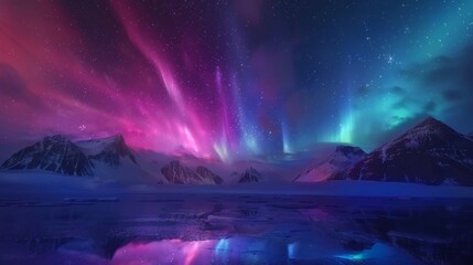 The frigid air of the Arctic mountains is illuminated by a stunning display of the Aurora Borealis mirroring the intense colors of the night sky above.