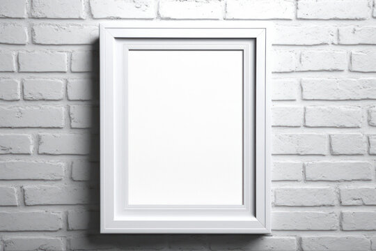 Blank white picture frame on a white brick wall, minimalist interior design concept. Generative AI