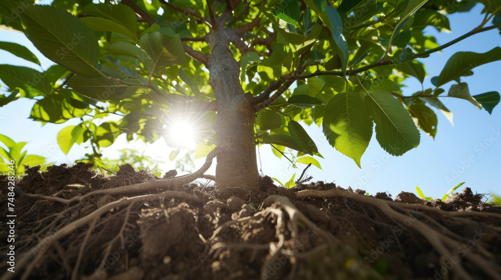 Poster a view from the ground up showing the sy root system of a fruit tree deeply embedded in the nutrient