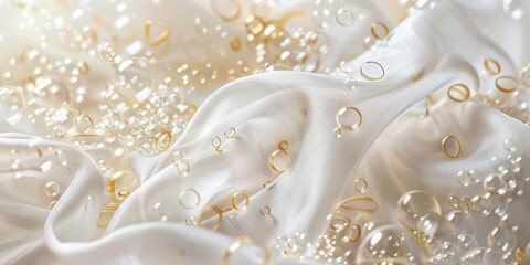 Abstract bubbles for dry cleaning service poster white and gold colors fabric weave of cotton or...