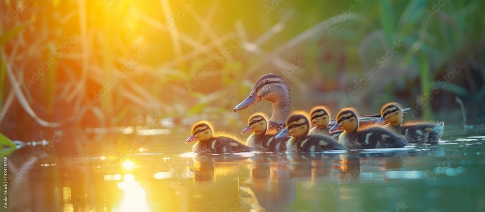 Wall mural Peaceful scene of a charming group of ducks gracefully swimming in a serene pond