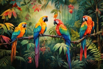 Exotic Forest jungle parrots. Red blue birds. Generate Ai