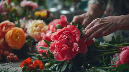 A close-up of hands delicately placing a bright peony into the center of a burgeoning arrangement