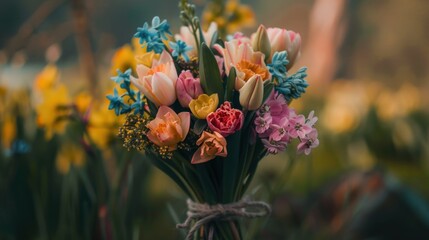 A close-up shot of a hand-tied bouquet featuring spring blooms like tulips, daffodils, and hyacinths. The vibrant colors of the flowers stand out against a soft, blurred background.