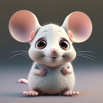 3D Cute smile little mouse kawaii character Realistic hatchling with big eyes