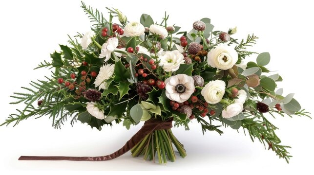 A winter bouquet image, featuring a mix of evergreens, holly berries, and white blooms like ranunculus and anemones,