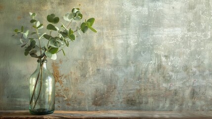 A few stems of eucalyptus casually arranged in a simple clear glass bottle, against a muted, textured backdrop.