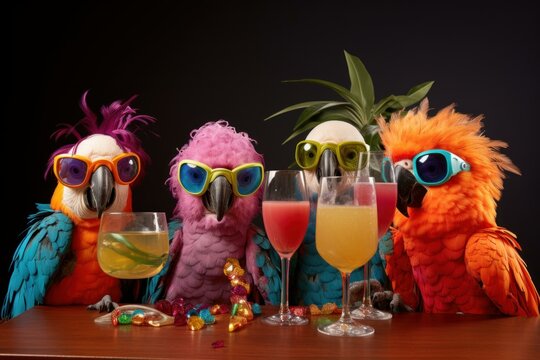 Festive Parrots party glasses. Carnival talk. Generate Ai