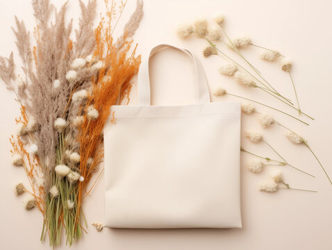 Tote bag mockup dried flower background