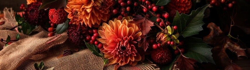 A photo of an artisanal autumn bouquet, composed of dahlias, chrysanthemums, and berries, with foliage in rich, warm tones.
