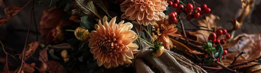 Foto op Canvas A photo of an artisanal autumn bouquet, composed of dahlias, chrysanthemums, and berries, with foliage in rich, warm tones. © peera