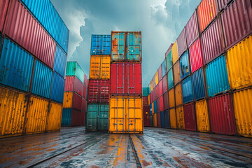 Fototapeta premium Stock photo of Stacked cargo containers in the storage area of freight sea port terminal.