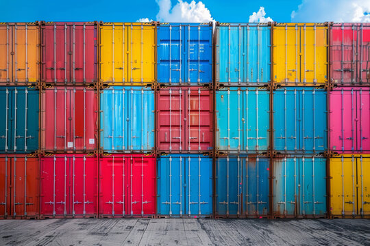 Stock photo of Stacked cargo containers in the storage area of freight sea port terminal.