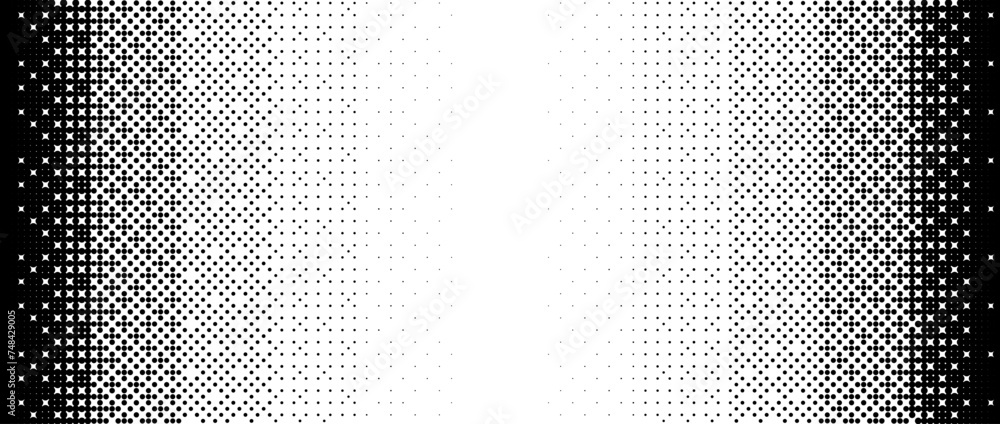 Poster Pixelated gradient texture. Black dithered gradation background. Retro bitmap video game wallpaper. Halftone 8 bit overlay. Vintage rectangle pixel art print. Vector vertical striped fading backdrop