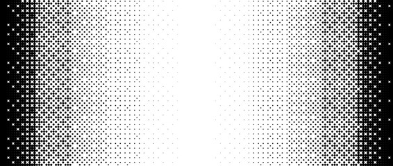 Pixelated gradient texture. Black dithered gradation background. Retro bitmap video game wallpaper. Halftone 8 bit overlay. Vintage rectangle pixel art print. Vector vertical striped fading backdrop - obrazy, fototapety, plakaty