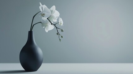 A single, flawless white orchid in a slender, matte black vase, positioned against a pale gray background.