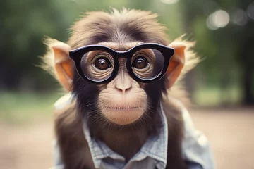 Schilderijen op glas a monkey, cute, adorable, monkey wearing glasses, monkey wearing clothes © Salawati
