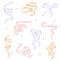 Various colorful Bow knots, gift bows. Hand drawn trendy Vector illustration. Wedding celebration, holiday, party birthday decoration, gift, present concept.