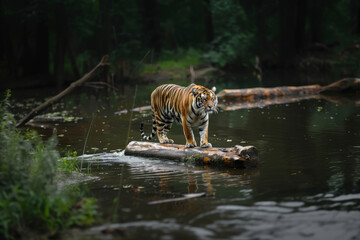 A tiger on a floating log over a river in nature.