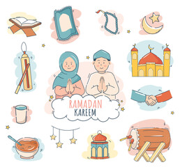 beautiful ramadan day collection icon set. illustration of happy Muslims celebrating the Holy Month of Ramadan and greeting Eid al-Fitr.