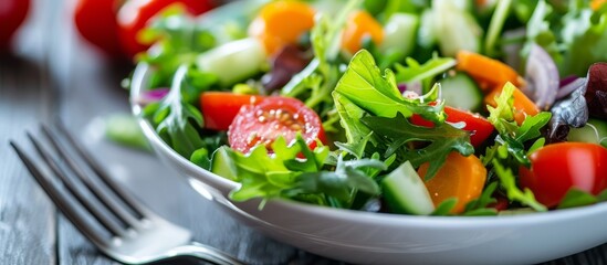 Fresh and vibrant salad bowl with juicy tomatoes and assorted colorful vegetables for a healthy meal