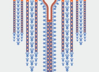 Neck line, collar pattern, orange-blue flower with tassel stripes, embroidery, traditional geometric pattern on background, abstract vector, Aztec style, design for fabric texture, Women's fashion 