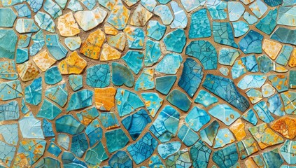Detailed view of a colorful mosaic tile wall, showcasing intricate patterns and textures created by small tiles placed closely together.