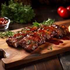 Grilled steak with vegetables. Cooked meat with sauce on a wooden table.