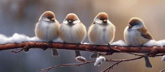 Fluffy sparrows sit on a branch, cuddling up to each other, warming each other on a cold day. World Sparrow Day. International Bird Day, National Bird Day 