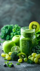 Glass jar mugs with green health smoothie, kale leaves, lime, apple, kiwi, grapes, banana, avocado, lettuce. Copy space. Raw, vegan, vegetarian, alkaline food concept. Banner.