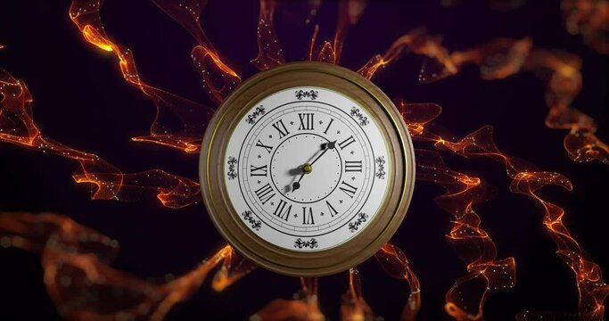 Animation of clock ticking over light trails on black background