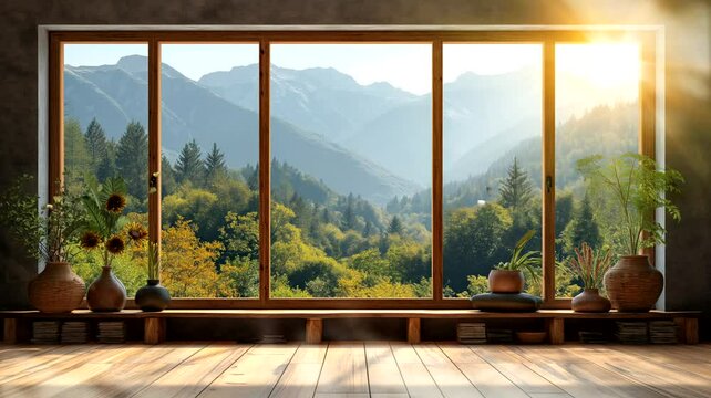 Mountains view from the window at sunrise. Seamless looping time-lapse 4k video animation background