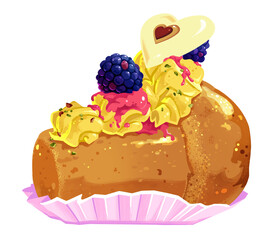 Babà al rum con crema pasticcera, mora, cuore di cioccolato bianco. San Valentino. Pasticcino partenopeo. Immagine. Disegno. Clip art.