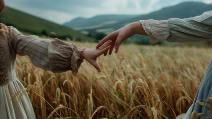 two girls holding the hands in the field
