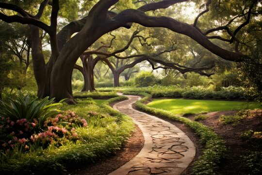 Serene Paths trees backyard house. Garden outdoor. Generate Ai