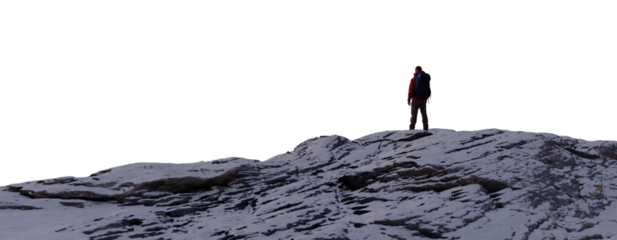 Adventure Man Hiker standing on top of Snowy, Rocky Mountain Peak. PNG Cutout. 3d Rendering.