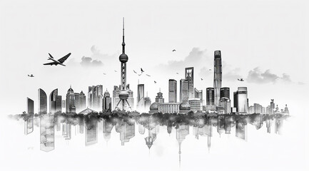 Fototapeta premium Black and white artwork featuring Shanghai skyline, birds, and an airplane with a city reflection, ai generated
