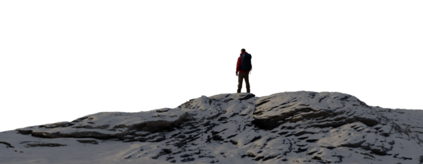Adventure Man Hiker standing on top of Snowy, Rocky Mountain Peak. PNG Cutout. 3d Rendering.