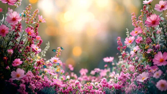 Flowers in the garden with butterflies at sunrise. Seamless looping time-lapse 4k video animation background