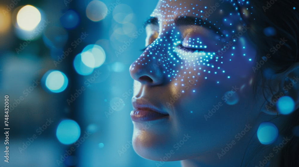 Poster a persons face is illuminated by the soft glow of their tablet as they engage in a guided meditation
