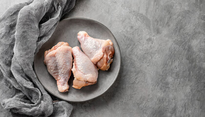 raw chicken, chicken drumsticks. top view of raw chicken legs on grey dish, copy space