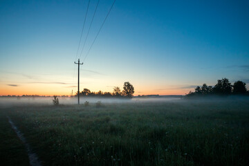 Fog in a field before sunrise on a summer morning. Relaxing view on a meadow in a mist.