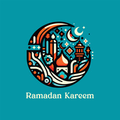 Ramadan Kareem with popular iconic symbol using in design, cresent, lantern, mosque. Simple, colorful and minimal design. 
